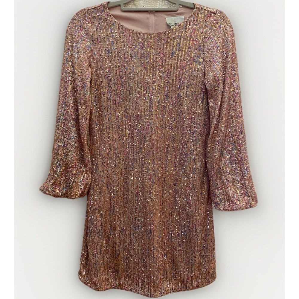 Rare Editions Rise Gold Pink Sequin Party Dress Girls14/Womans XS 60s Hippie